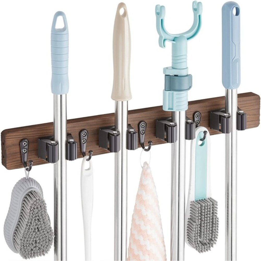 New Rustic Mop Broom Holder Wall Mount Tool Rack Organizer with 4 Slots Hooks